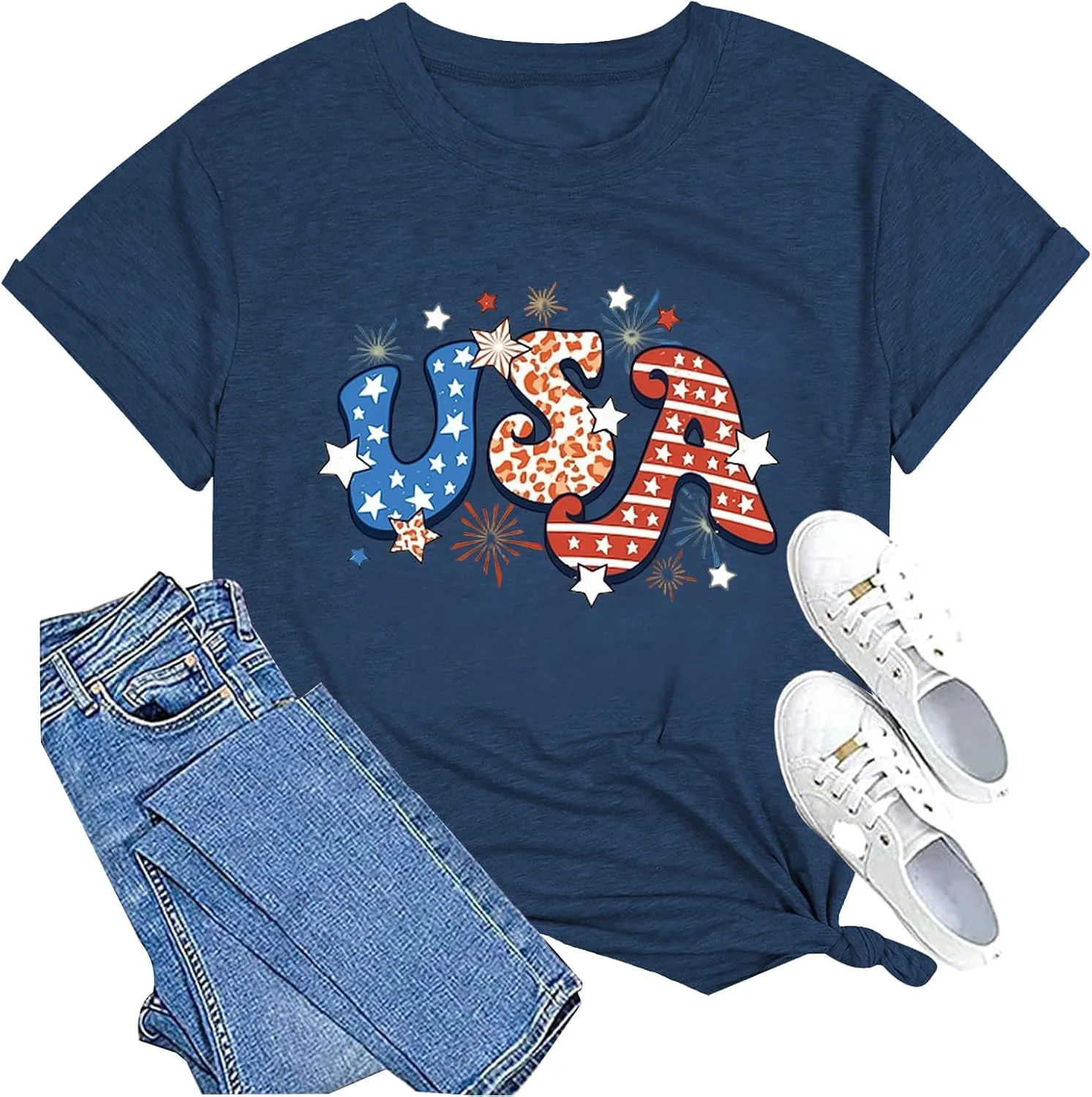 American Flag Shirts for Women 4th of July Tops USA Print T Shirt Casual Short Sleeve American Proud T-Shirt Tops