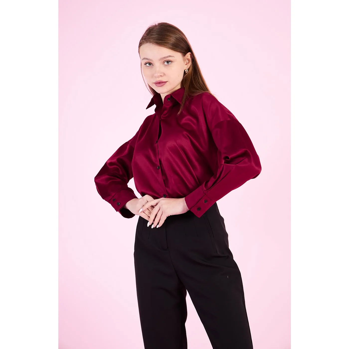 Burgundy Button Down Satin Shirt