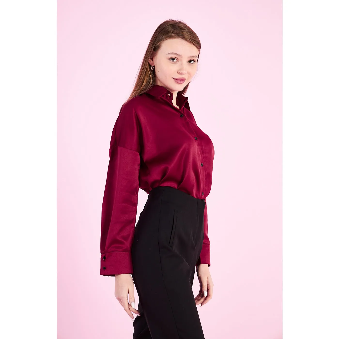 Burgundy Button Down Satin Shirt