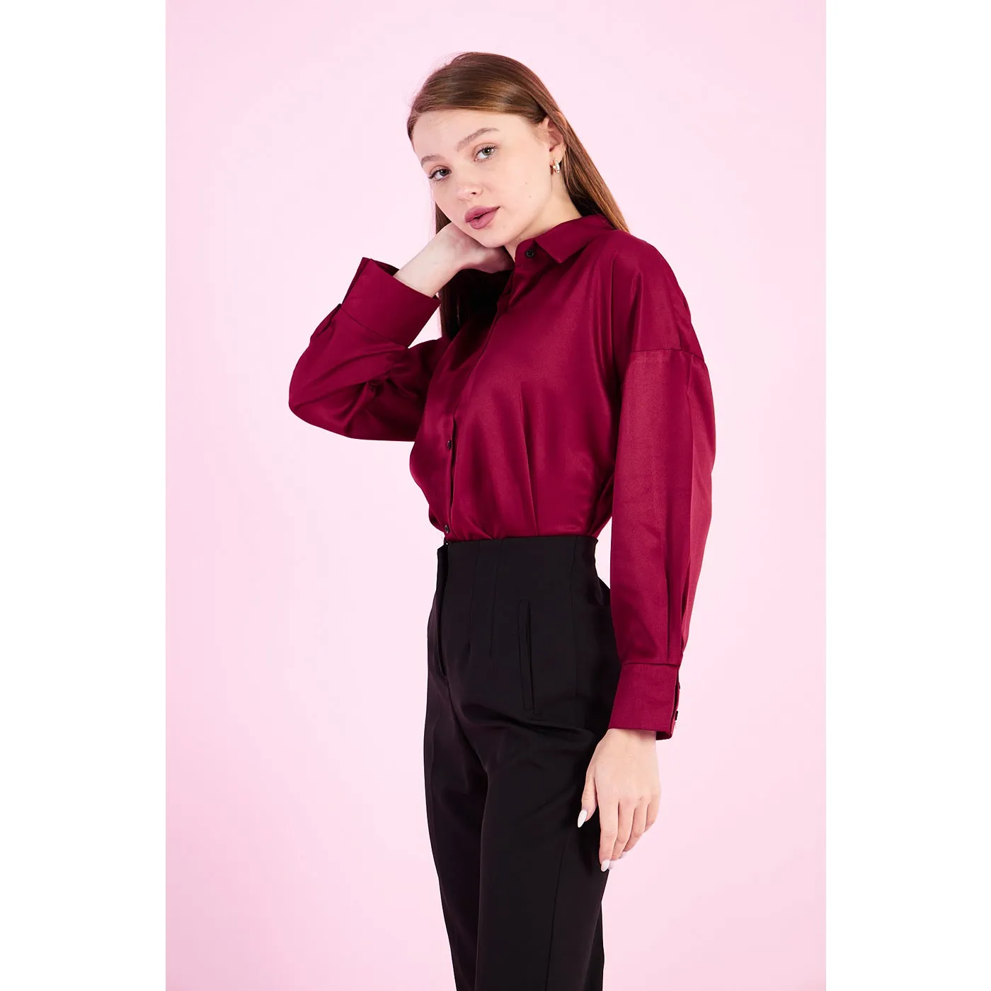 Burgundy Button Down Satin Shirt