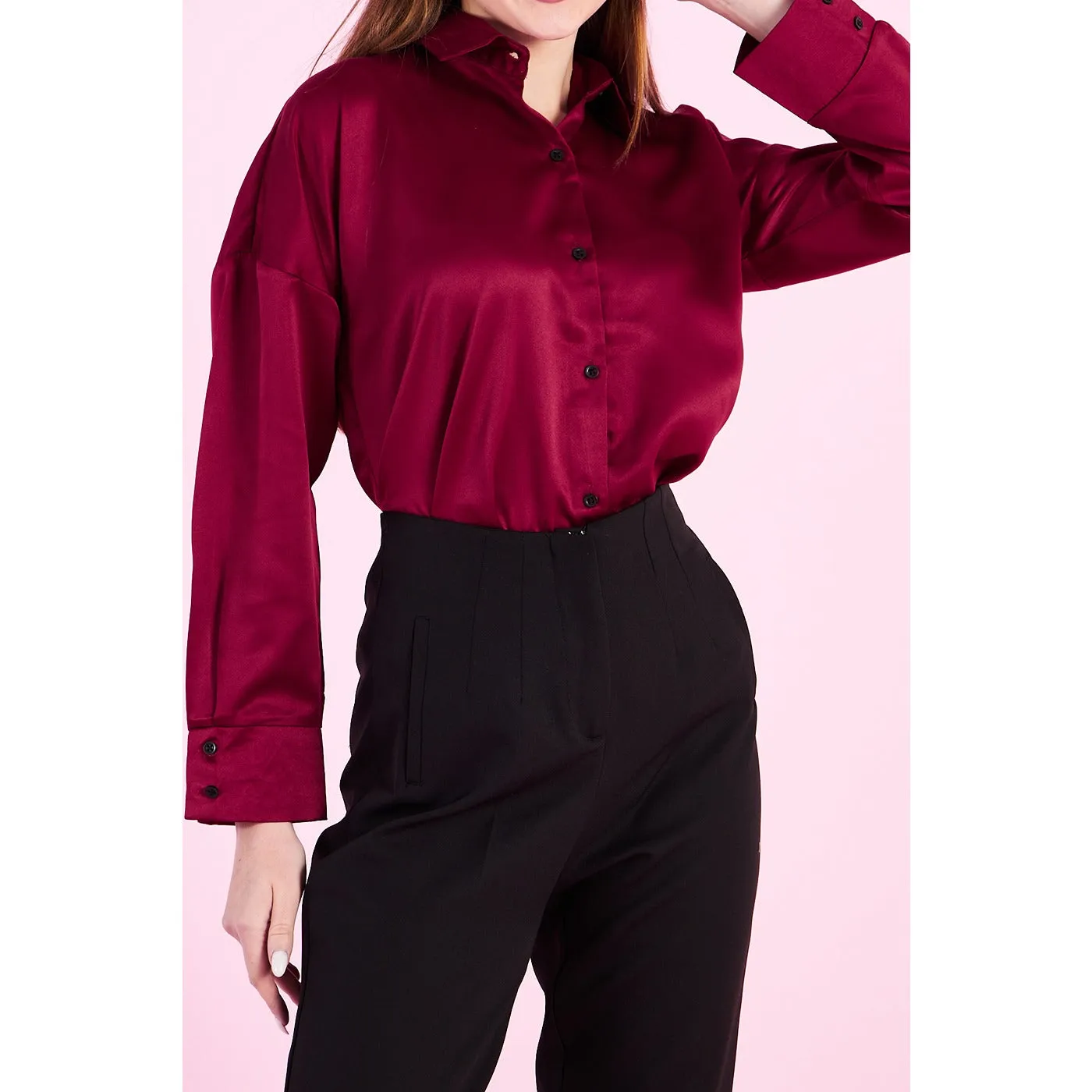 Burgundy Button Down Satin Shirt
