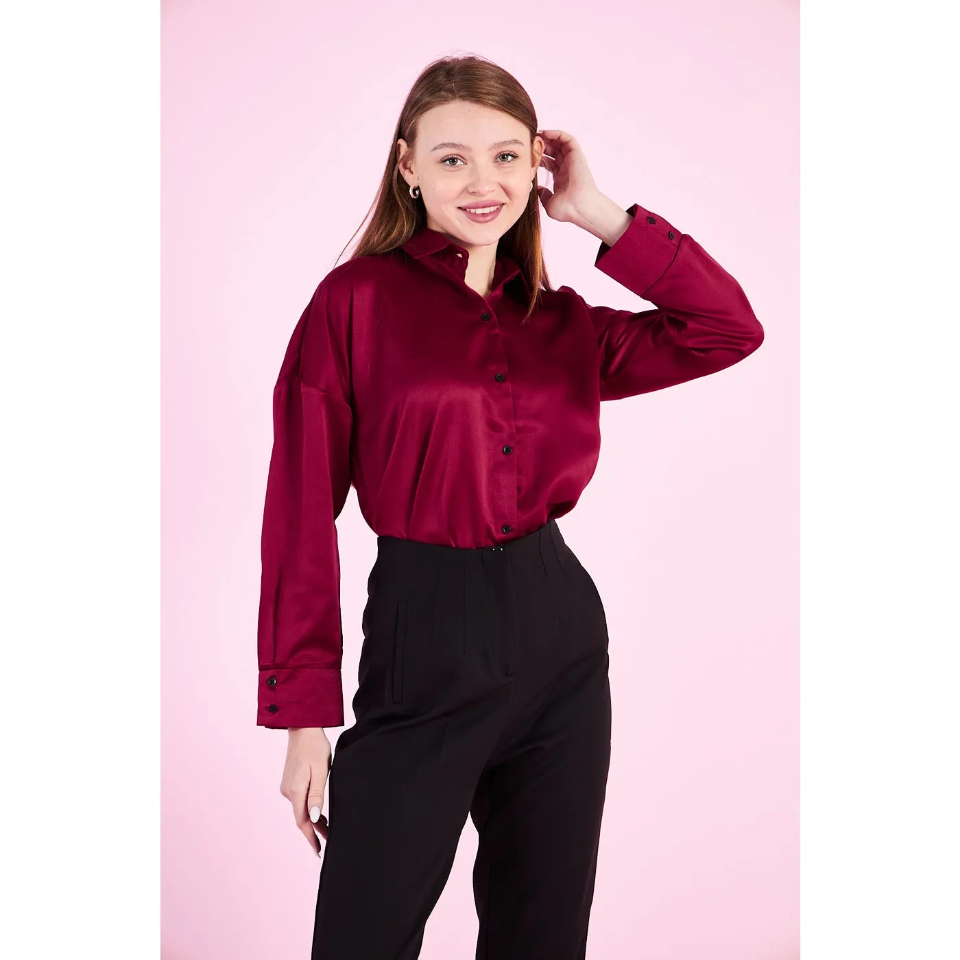 Burgundy Button Down Satin Shirt