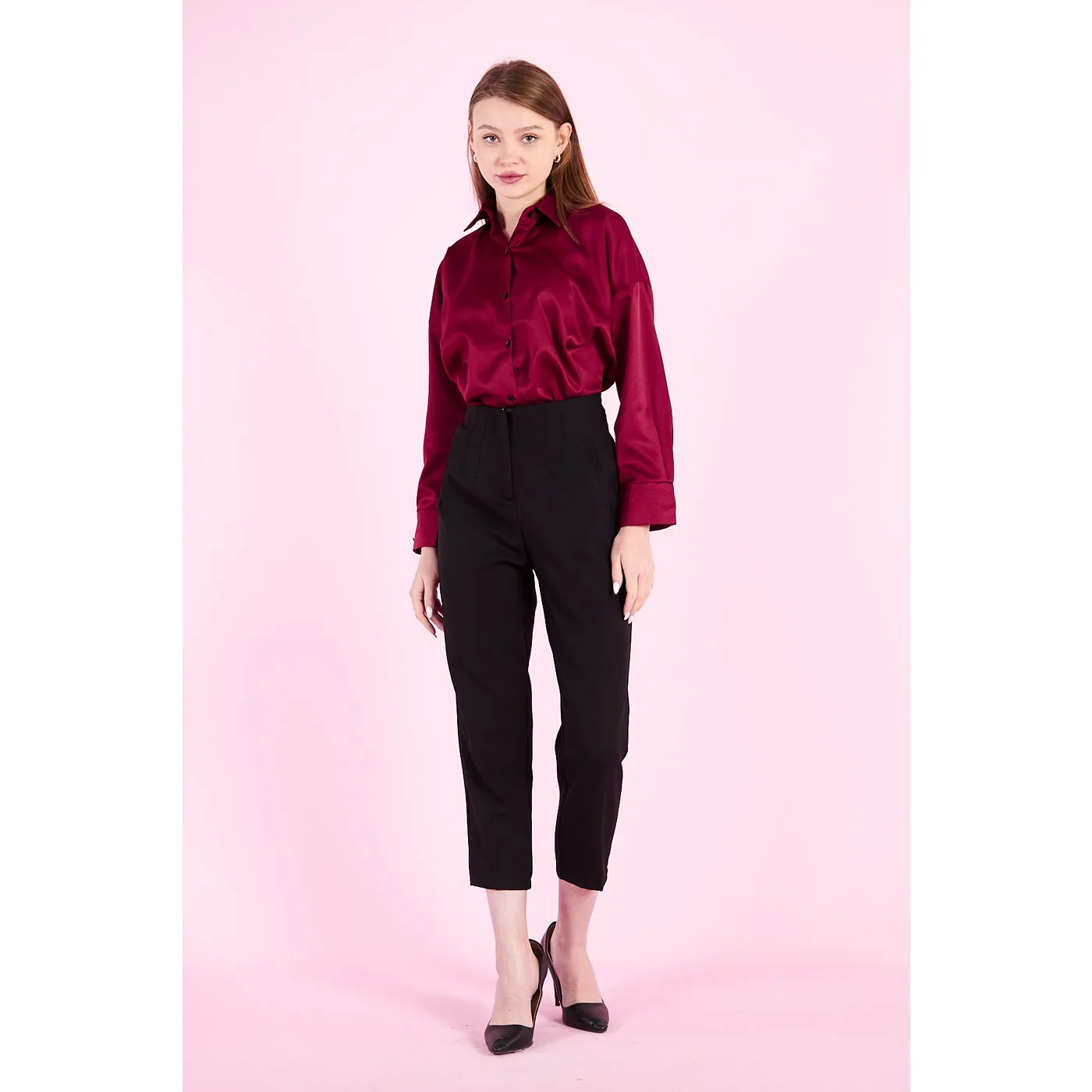 Burgundy Button Down Satin Shirt