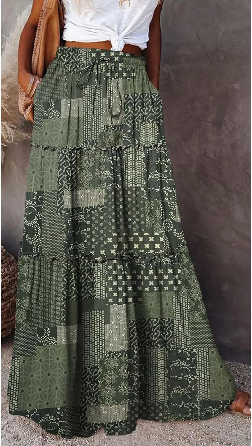 Casual Vacation Maxi Skirt, High Waisted Trendy Flowy 2025 Elegantes Long Skirt