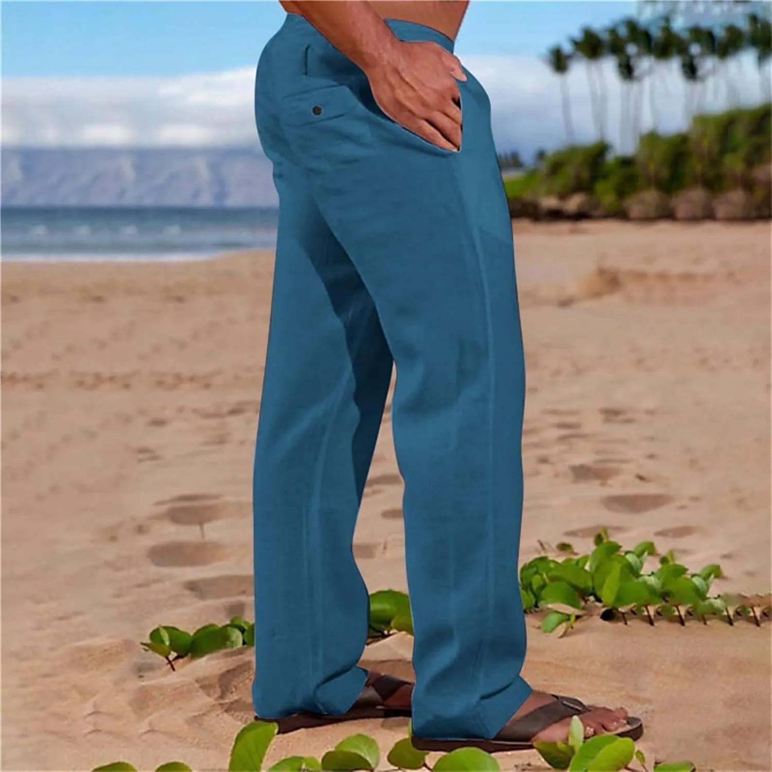 CRNTCEM Mens Casual Cotton Linen Pants Soft Comfy Outdoor Hiking Camping Pant Lightweight Solid Vacation Yoga Beach Pants