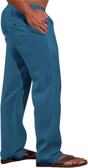 CRNTCEM Mens Casual Cotton Linen Pants Soft Comfy Outdoor Hiking Camping Pant Lightweight Solid Vacation Yoga Beach Pants
