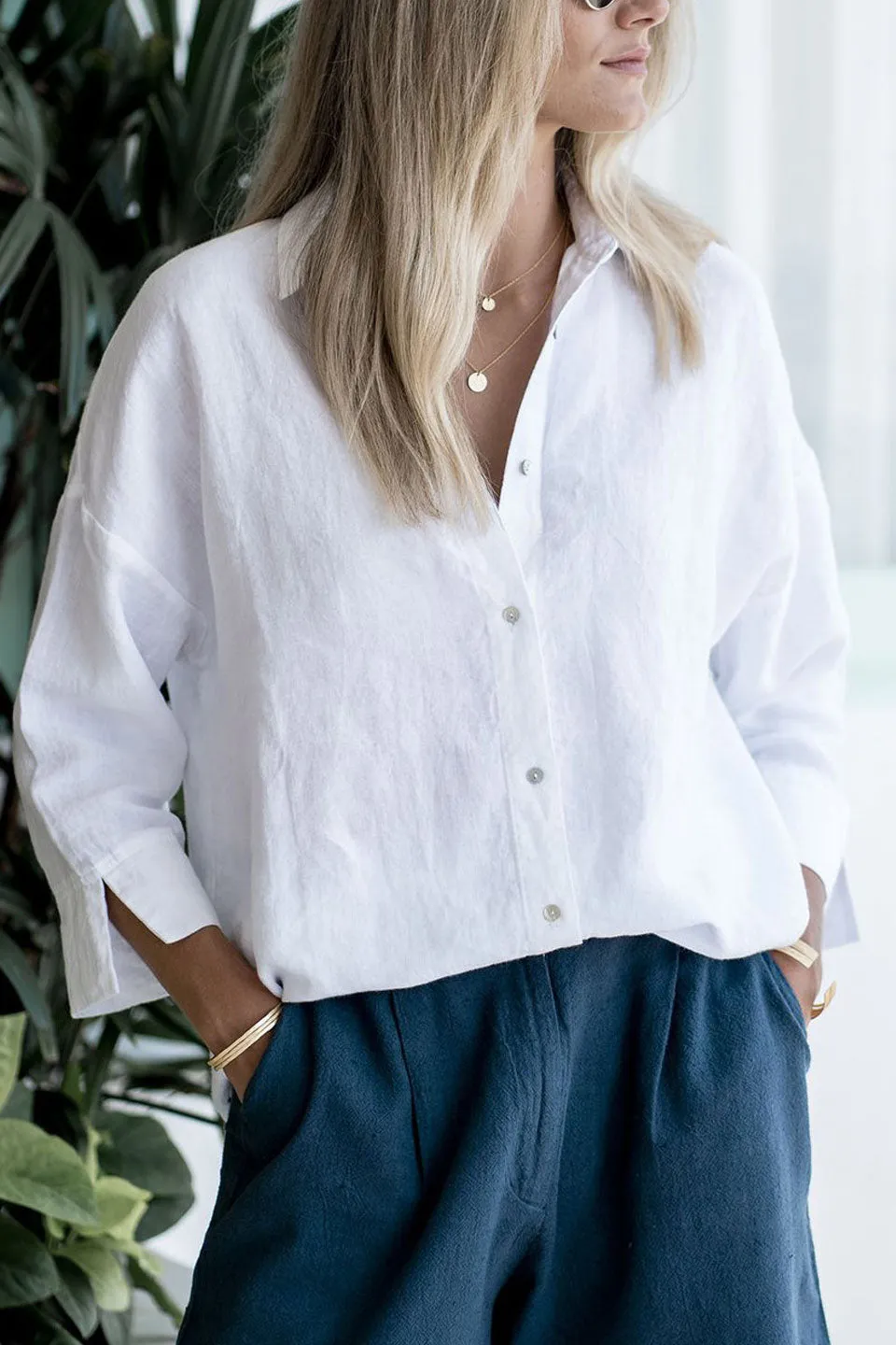 Empire Mid Sleeve White Linen Cropped Shirt