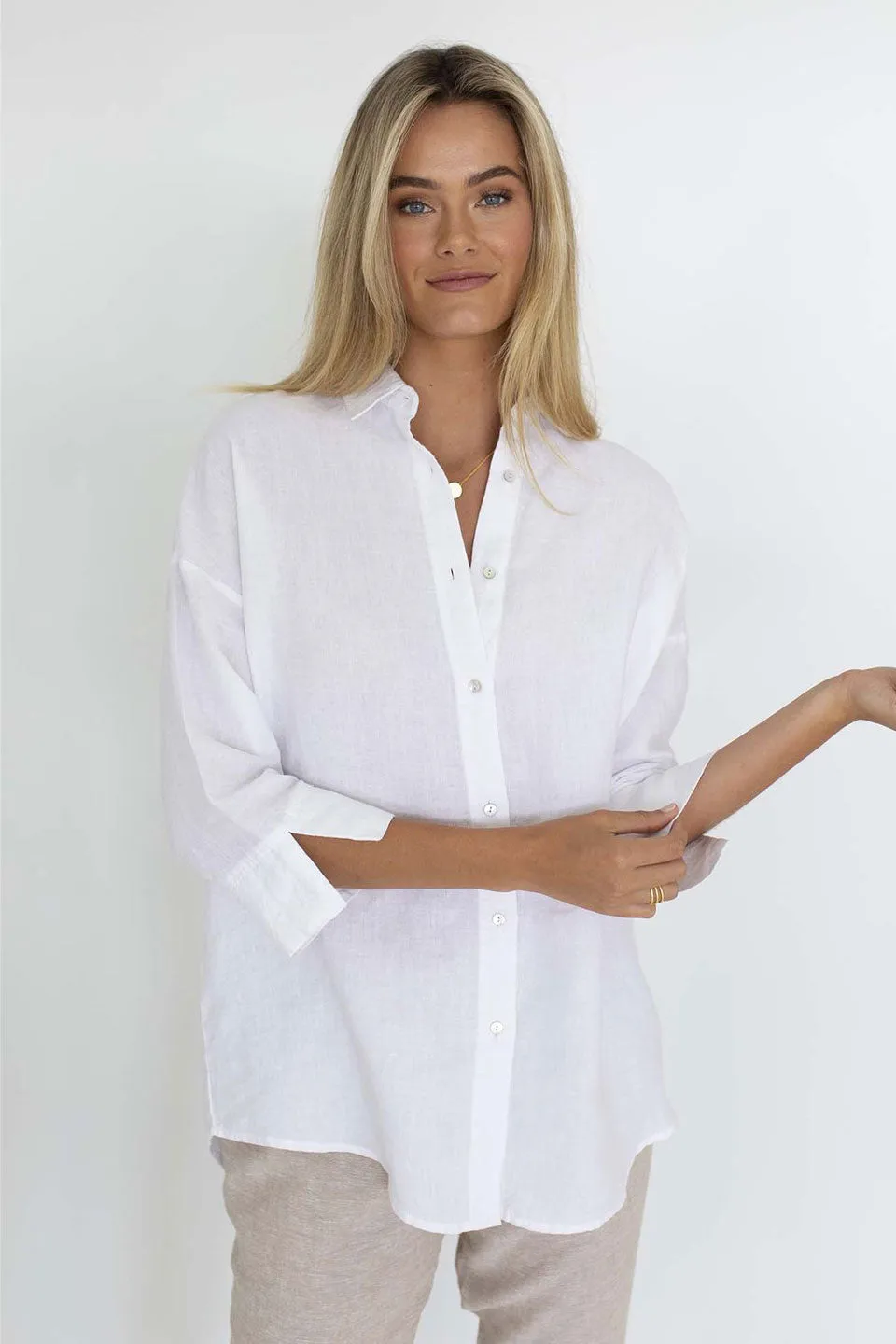 Empire Mid Sleeve White Linen Cropped Shirt