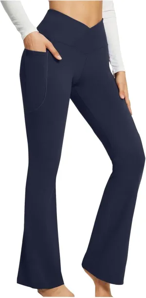 Flare Leggings With Pockets For Women High Waist Casual Workout Bell Bottom Pant Soft Yoga Wide Leg Bootcut Trouser