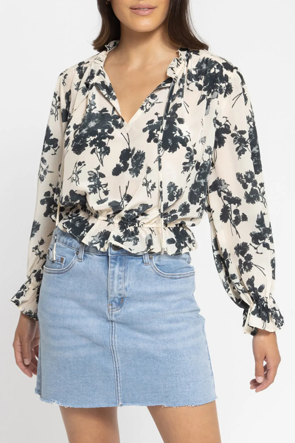 Flying High Cream Charcoal Floral LS Frilled Hem Top