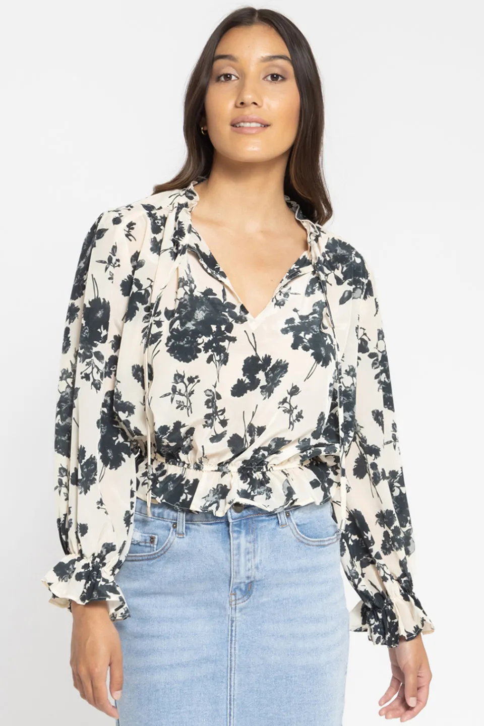 Flying High Cream Charcoal Floral LS Frilled Hem Top