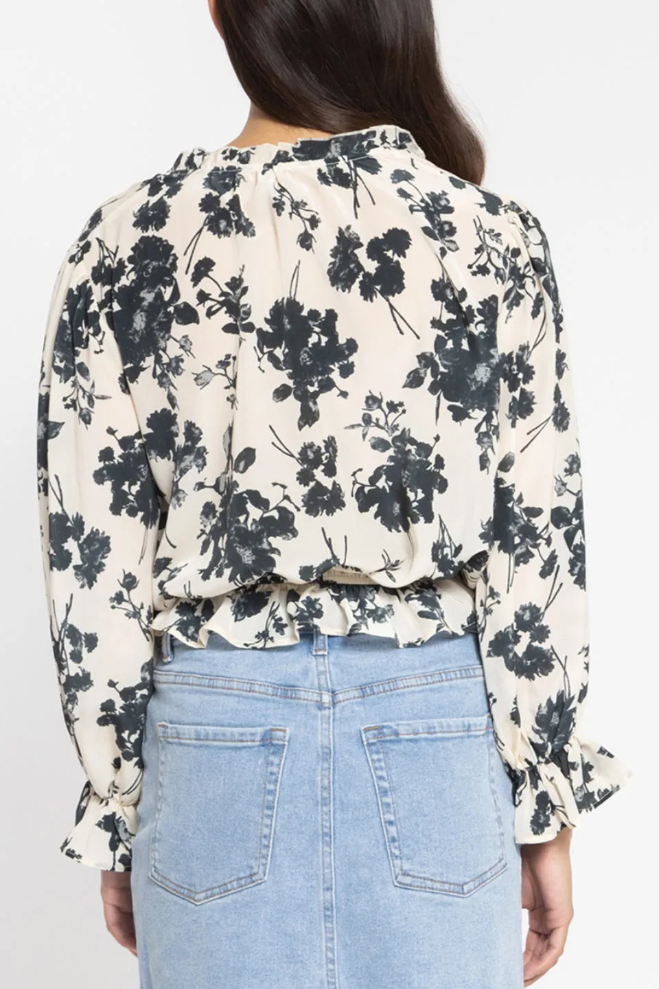 Flying High Cream Charcoal Floral LS Frilled Hem Top