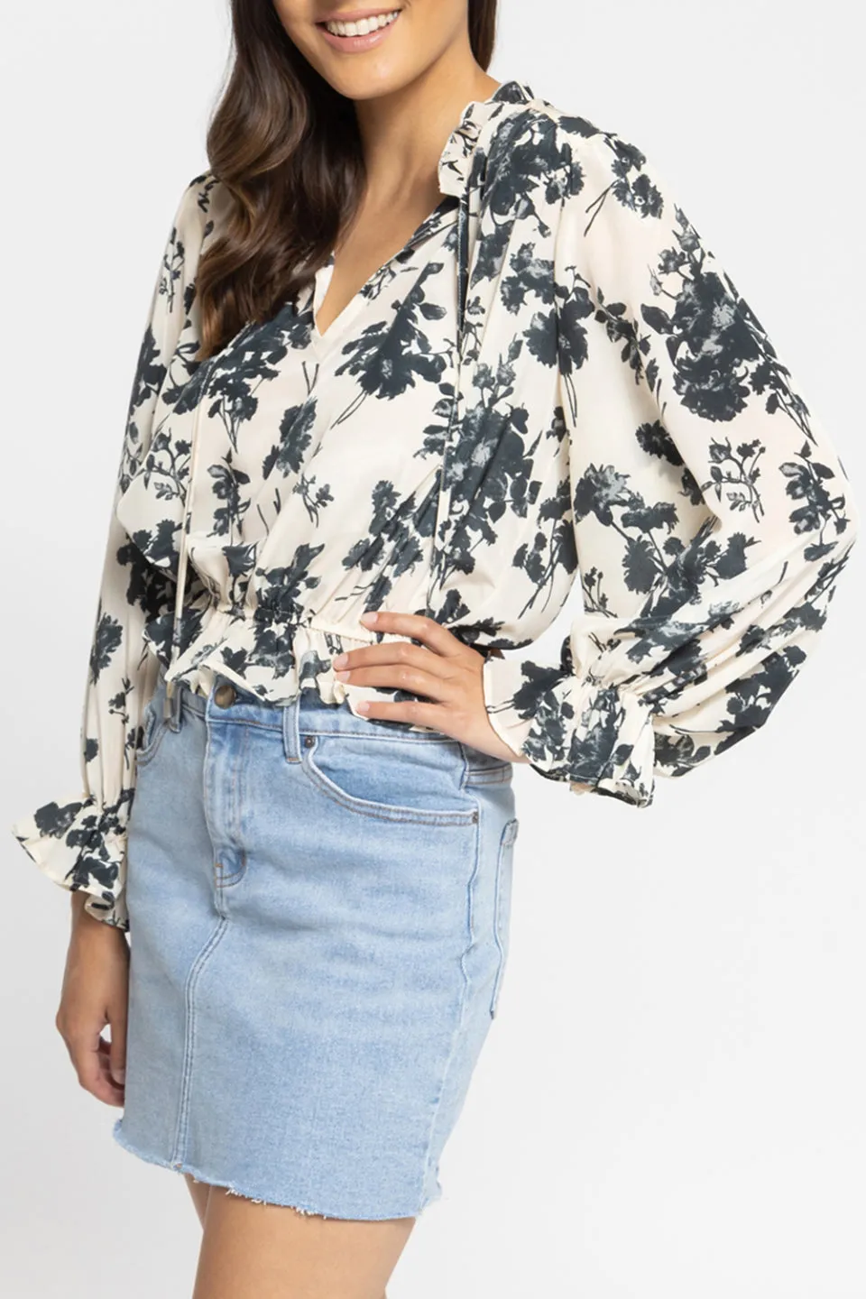 Flying High Cream Charcoal Floral LS Frilled Hem Top