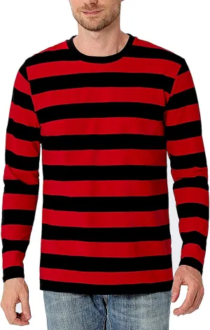 Funny World Men's Striped T-Shirt Crewneck Long Sleeves Basic Casual Top