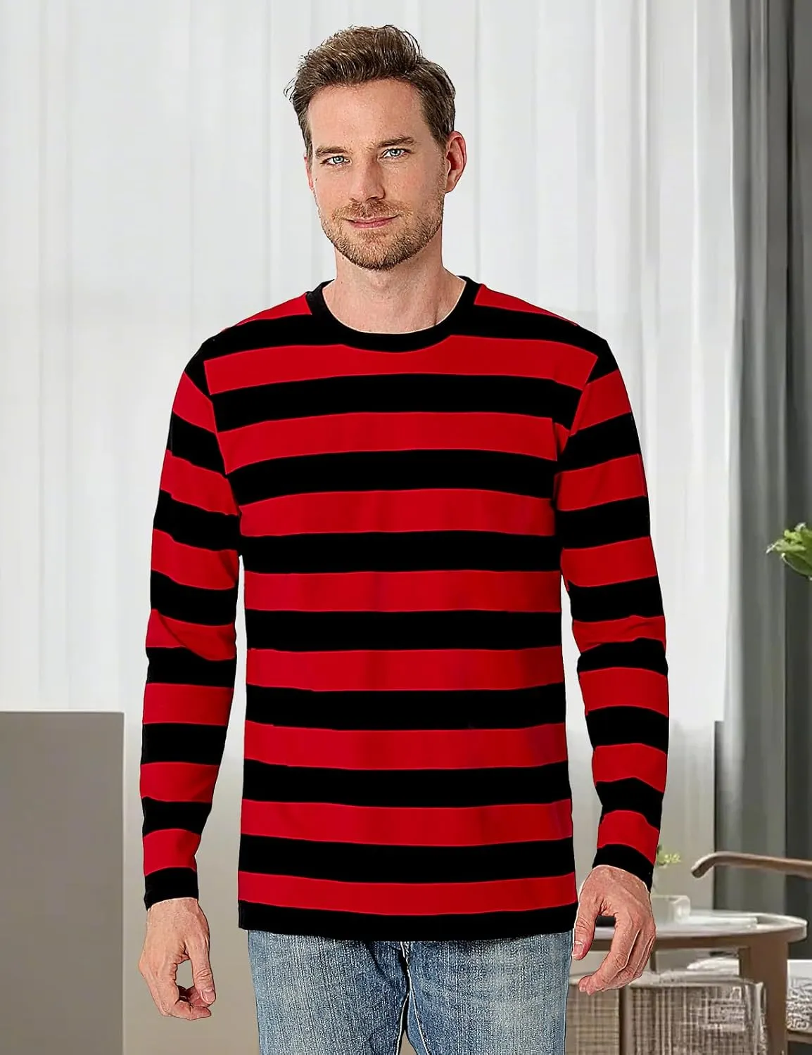 Funny World Men's Striped T-Shirt Crewneck Long Sleeves Basic Casual Top