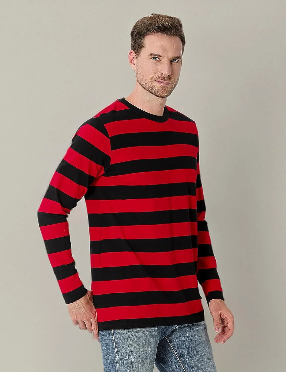Funny World Men's Striped T-Shirt Crewneck Long Sleeves Basic Casual Top