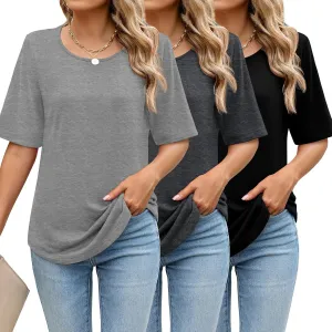 Huukeay 3 Pcs Womens Half Sleeve Top Elbow Length T Shirt Women Round Neck Basic T Shirt Summer Casual Blouses