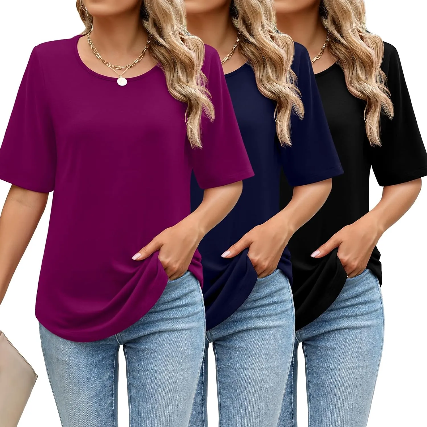 Huukeay 3 Pcs Womens Half Sleeve Top Elbow Length T Shirt Women Round Neck Basic T Shirt Summer Casual Blouses