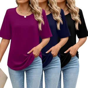 Huukeay 3 Pcs Womens Half Sleeve Top Elbow Length T Shirt Women Round Neck Basic T Shirt Summer Casual Blouses