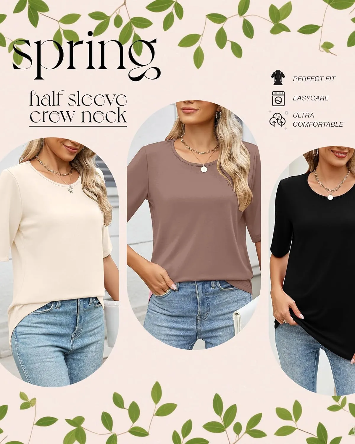 Huukeay 3 Pcs Womens Half Sleeve Top Elbow Length T Shirt Women Round Neck Basic T Shirt Summer Casual Blouses
