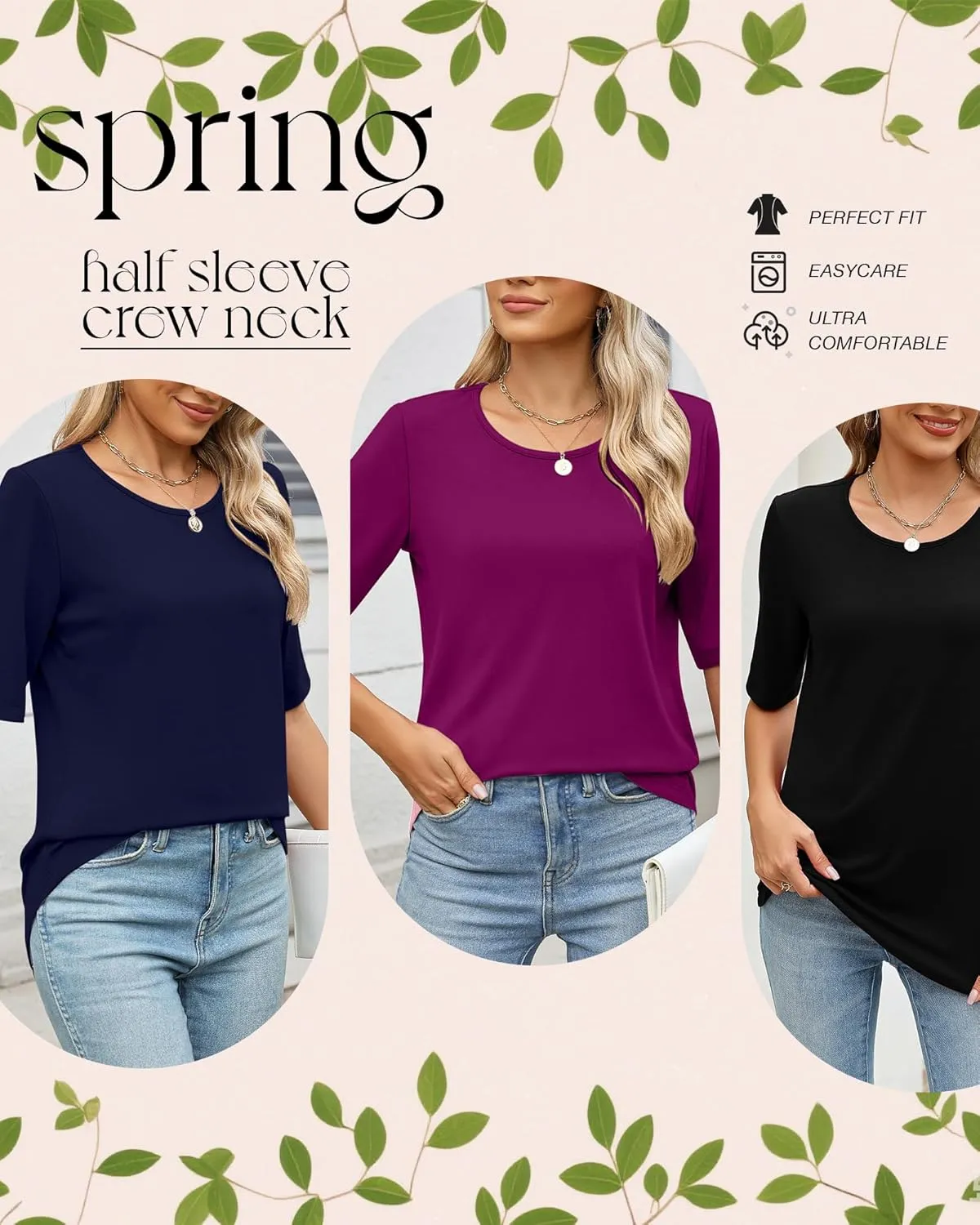 Huukeay 3 Pcs Womens Half Sleeve Top Elbow Length T Shirt Women Round Neck Basic T Shirt Summer Casual Blouses