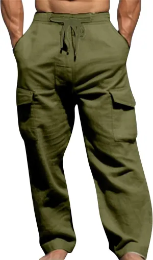 Linen Cargo Pants Men's Lightweight Soft Wide Leg Sweatpants Summer Loose Fit Drawstring Solid Joggers Daily Workout Trousers