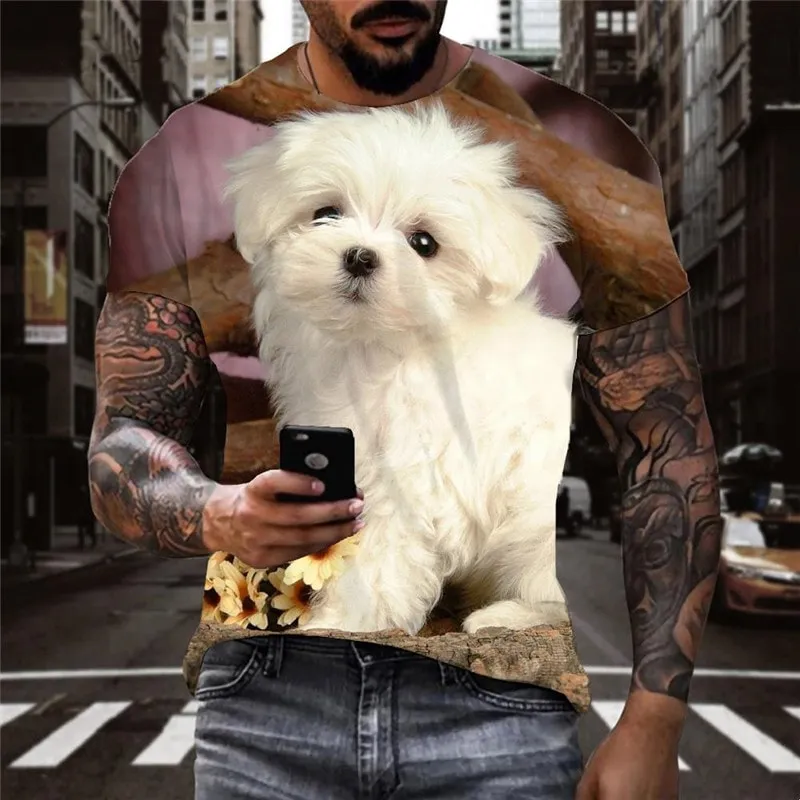 Little White dog tshirts Casual Puppy Cute Pets art costume man Casual big Smart dogs