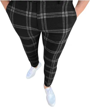 Men's Plaid Dress Pants Casual Slim Fit Flat Front Business Work Office Trousers Lightweight Soft Joggers Pants
