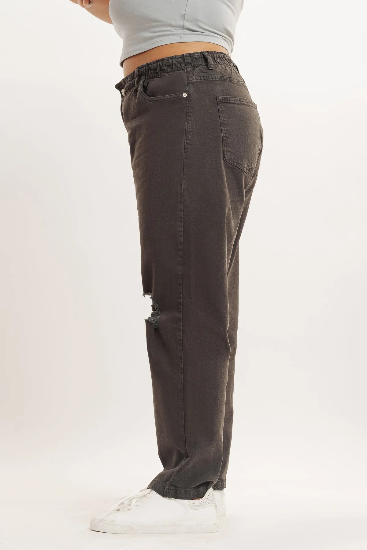 Olive Distress Elasticated Mom Jeans