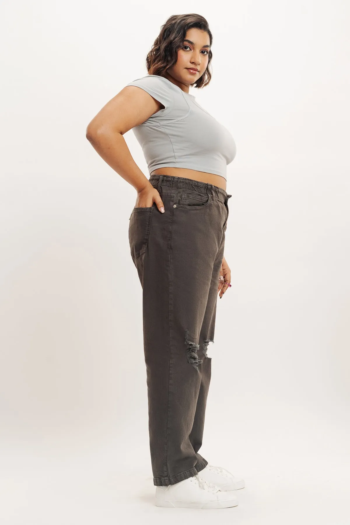 Olive Distress Elasticated Mom Jeans