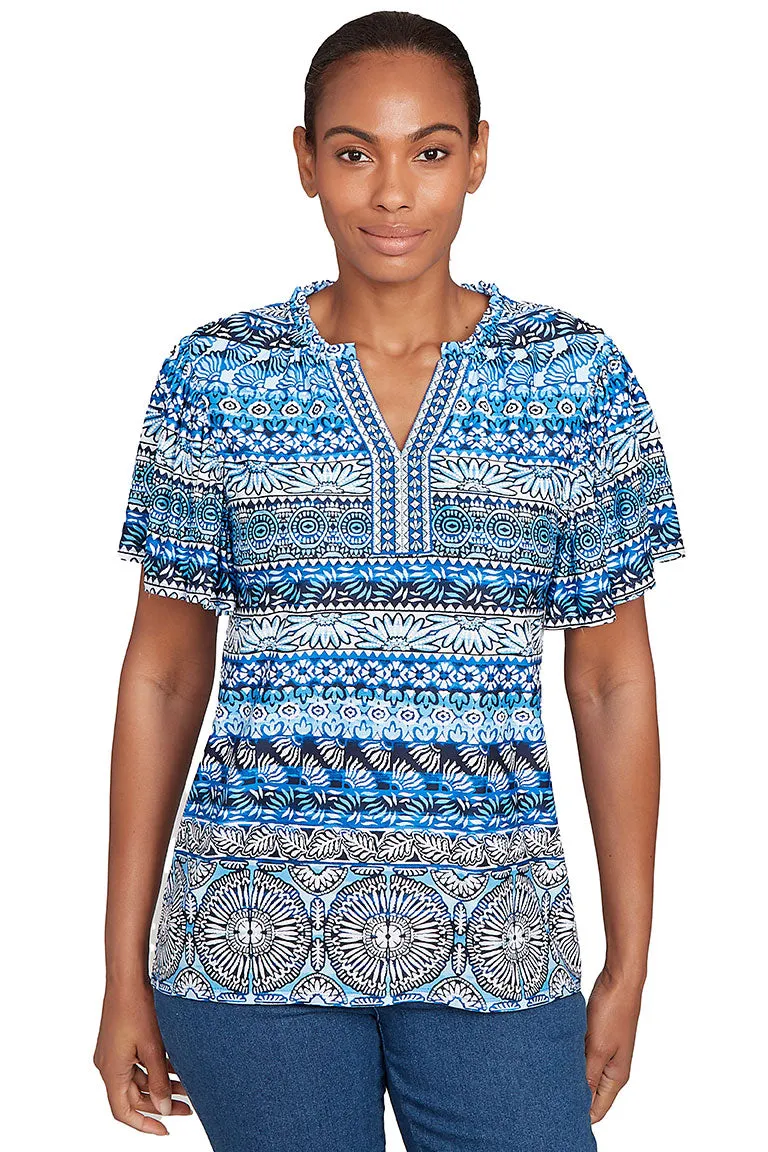 Petite Tinted Tides Embroidered Puff Print Top