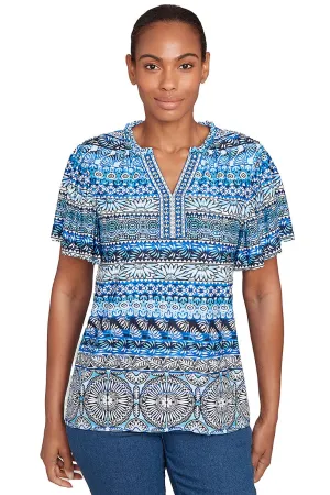 Petite Tinted Tides Embroidered Puff Print Top