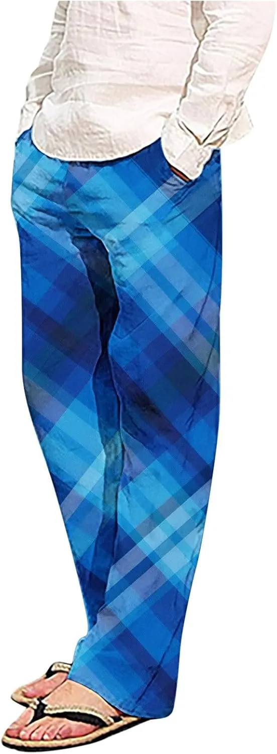 Plaid Mens Casual Pants Fashion Print Trousers Baggy Lightweight Pajama Pants Straight Leg Soft Loungewear Pant