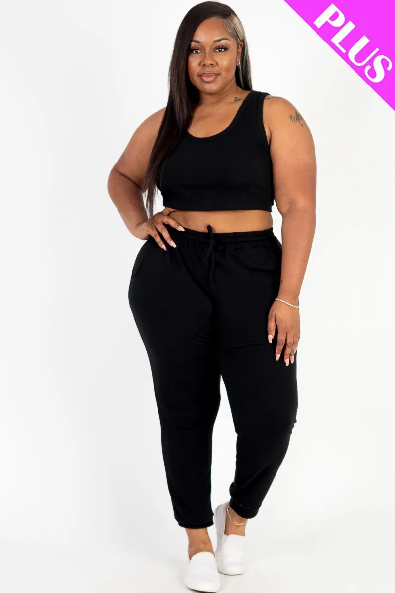 Plus Size French Terry Cropped Tank Top & Joggers Set (CAPELLA)