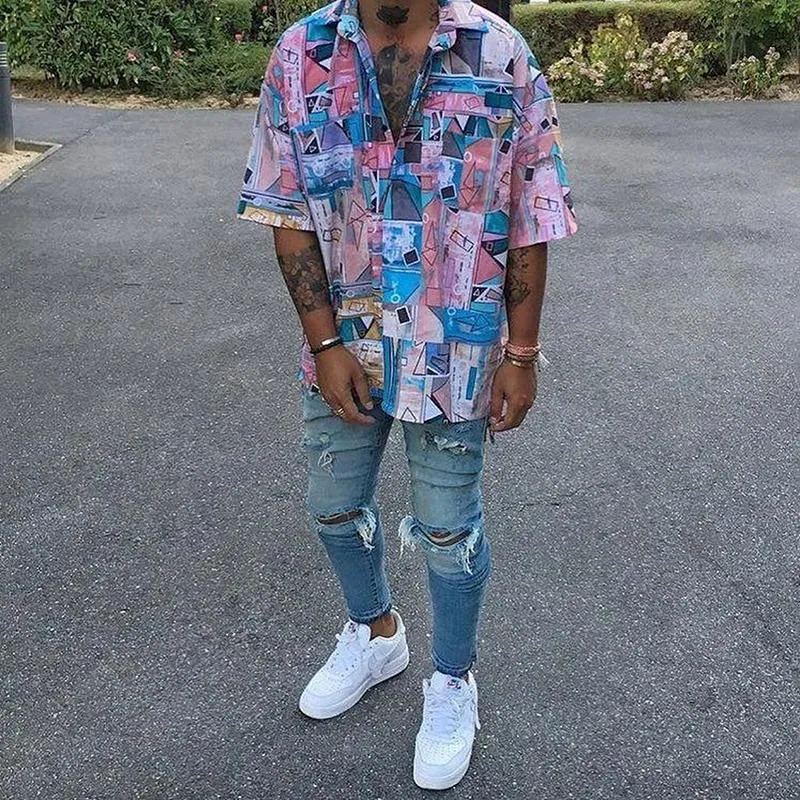 Printed Lapel Button Casual Men's Shirt