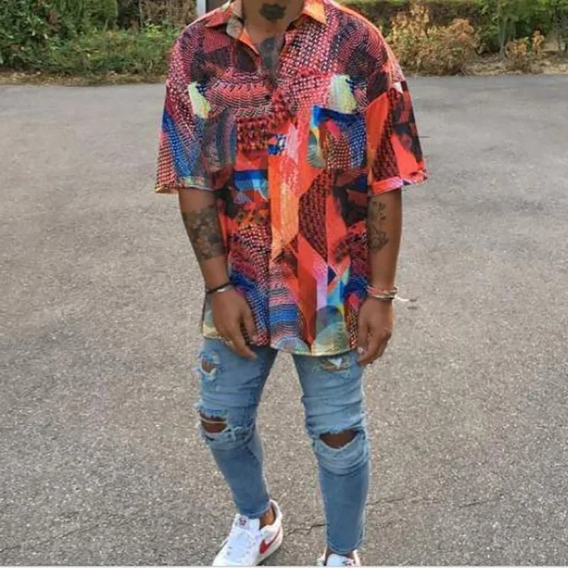 Printed Lapel Button Casual Men's Shirt