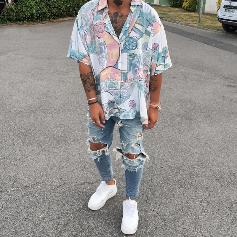Printed Lapel Button Casual Men's Shirt