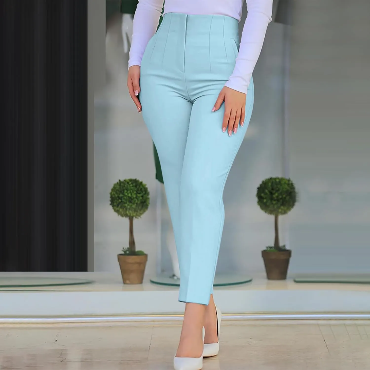 Ruziyoog High Waist Skinny Pants for Women Soft Stretchy Slim Fit Trousers Casual Work Office Pants