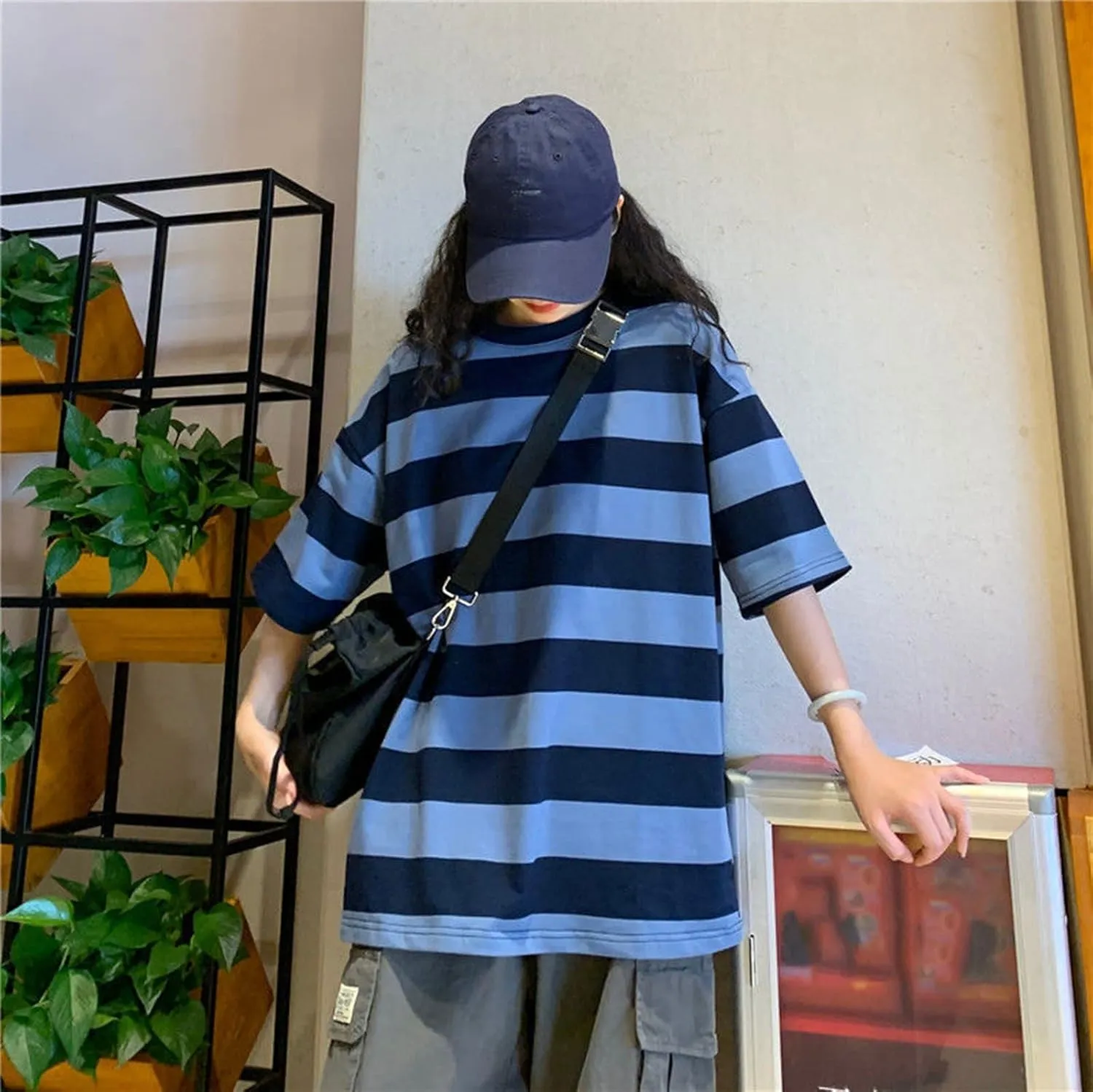Women Harajuku Oversized Stripe Casual Long Sleeves Crewneck T-Shirt Tee Tops