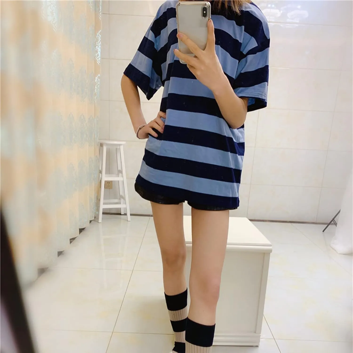 Women Harajuku Oversized Stripe Casual Long Sleeves Crewneck T-Shirt Tee Tops