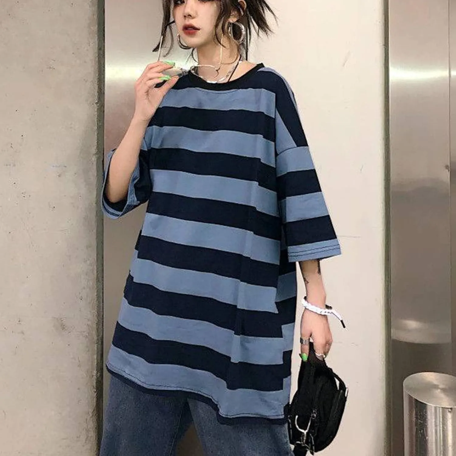 Women Harajuku Oversized Stripe Casual Long Sleeves Crewneck T-Shirt Tee Tops