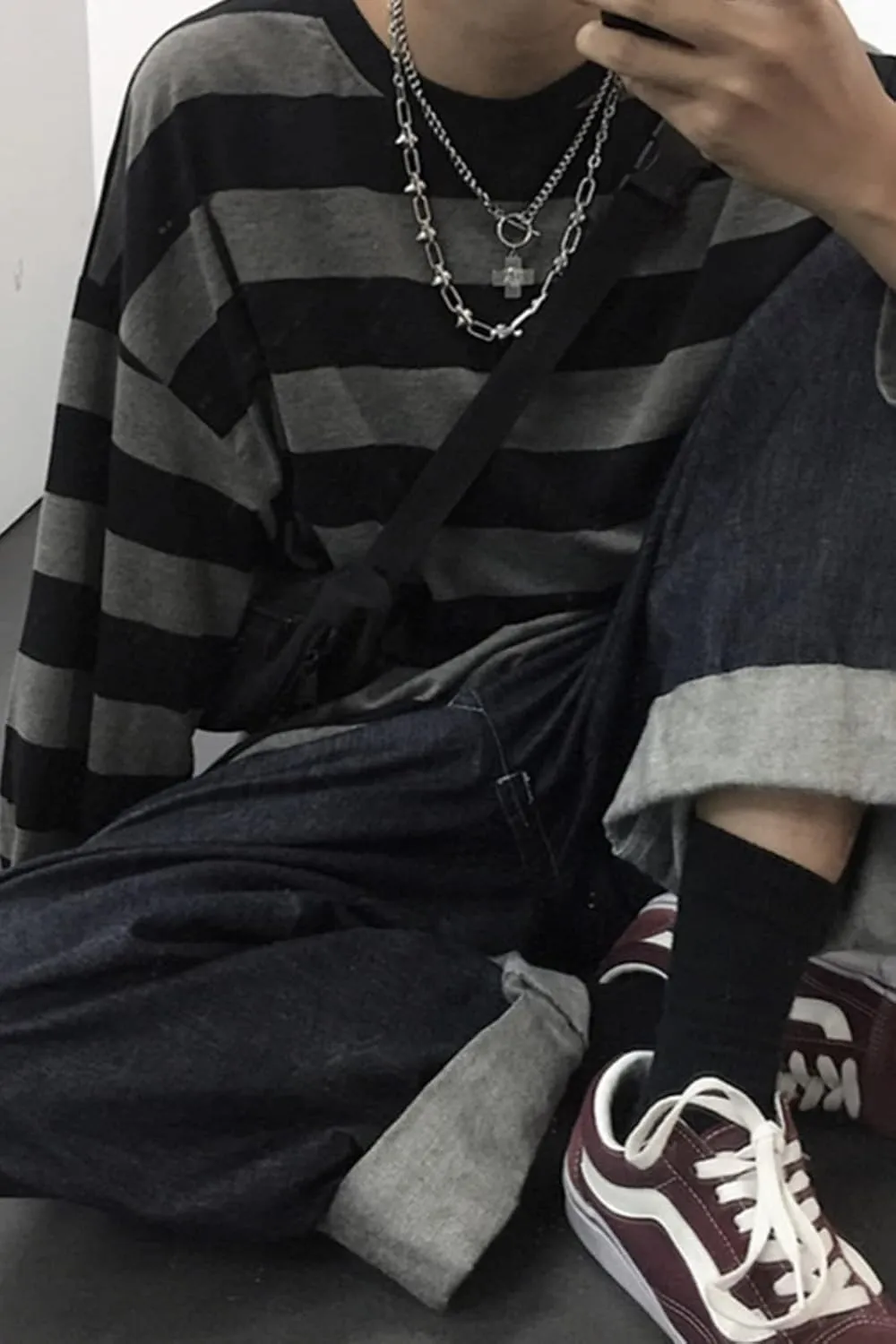 Women Harajuku Oversized Stripe Casual Long Sleeves Crewneck T-Shirt Tee Tops