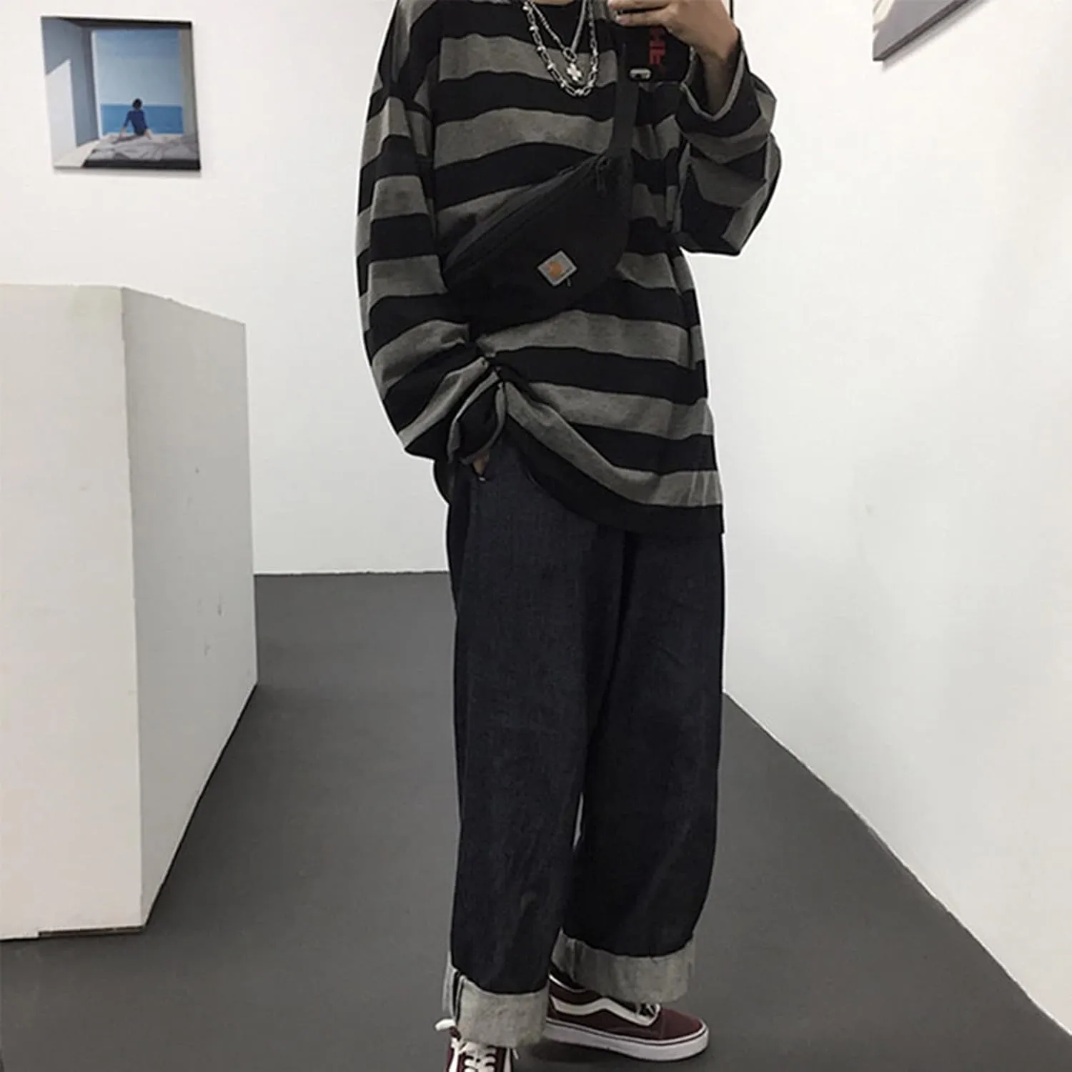 Women Harajuku Oversized Stripe Casual Long Sleeves Crewneck T-Shirt Tee Tops