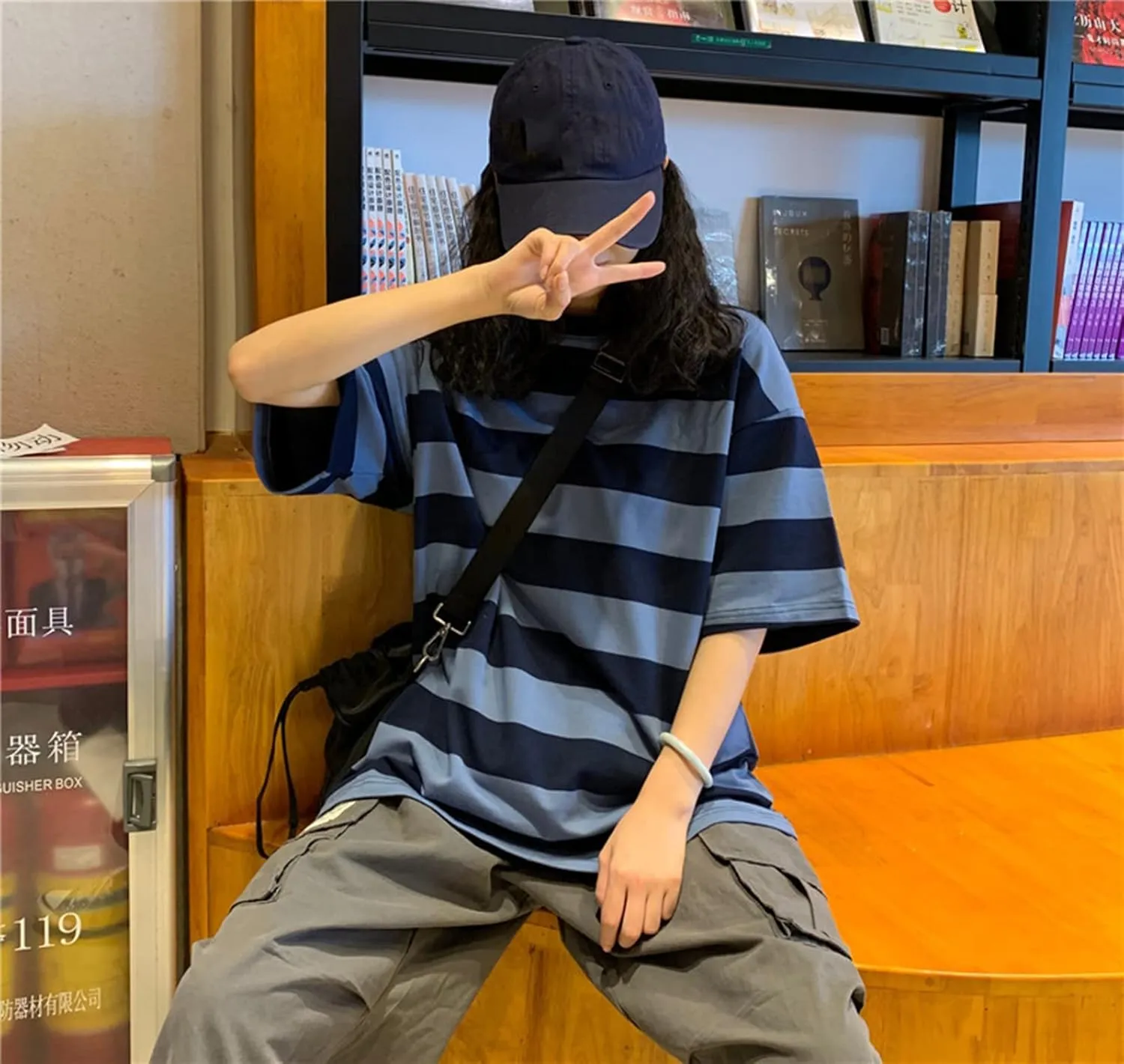Women Harajuku Oversized Stripe Casual Long Sleeves Crewneck T-Shirt Tee Tops