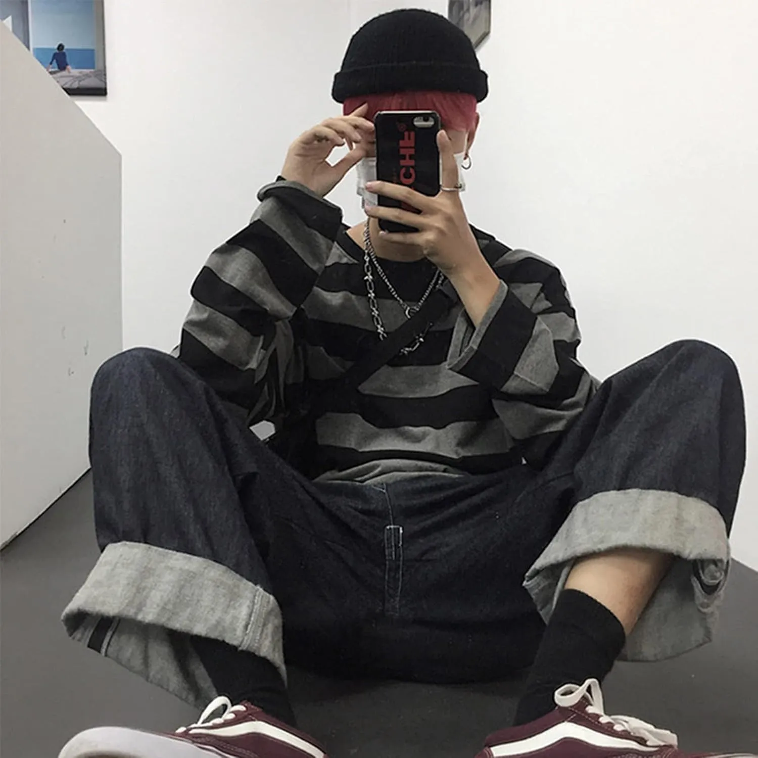 Women Harajuku Oversized Stripe Casual Long Sleeves Crewneck T-Shirt Tee Tops