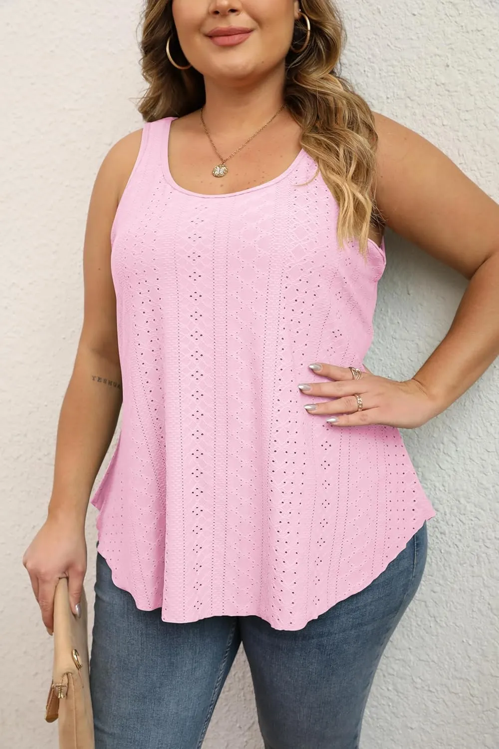 Women Plus Size Fashion Eyelet Tank Tops Flowy Scoop Neck Loose Fit Tank-Top Sleeveless Cami Camisole Shirts 1X-5X