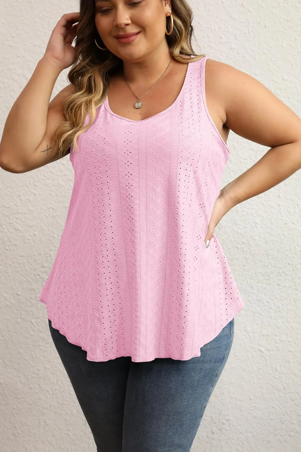 Women Plus Size Fashion Eyelet Tank Tops Flowy Scoop Neck Loose Fit Tank-Top Sleeveless Cami Camisole Shirts 1X-5X