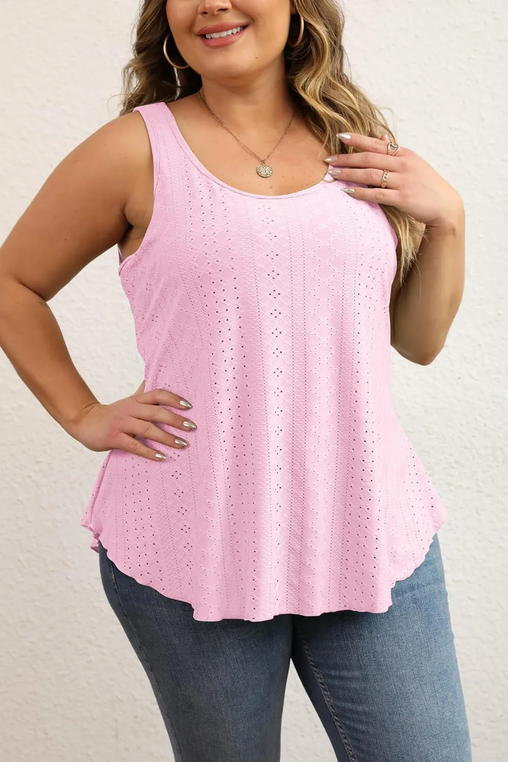 Women Plus Size Fashion Eyelet Tank Tops Flowy Scoop Neck Loose Fit Tank-Top Sleeveless Cami Camisole Shirts 1X-5X