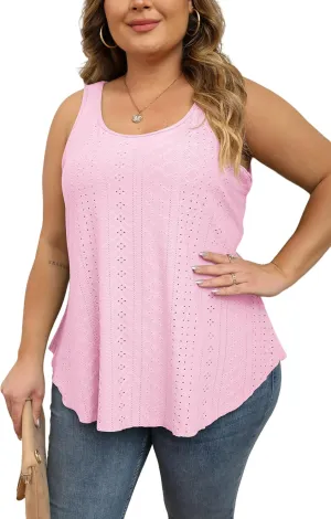 Women Plus Size Fashion Eyelet Tank Tops Flowy Scoop Neck Loose Fit Tank-Top Sleeveless Cami Camisole Shirts 1X-5X