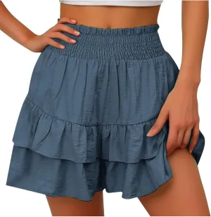 Women's High Waisted Ruffle Skirts with Floral Pleated Hem Workout Shorts Summer Casual Solid Color Cute Beach Skorts